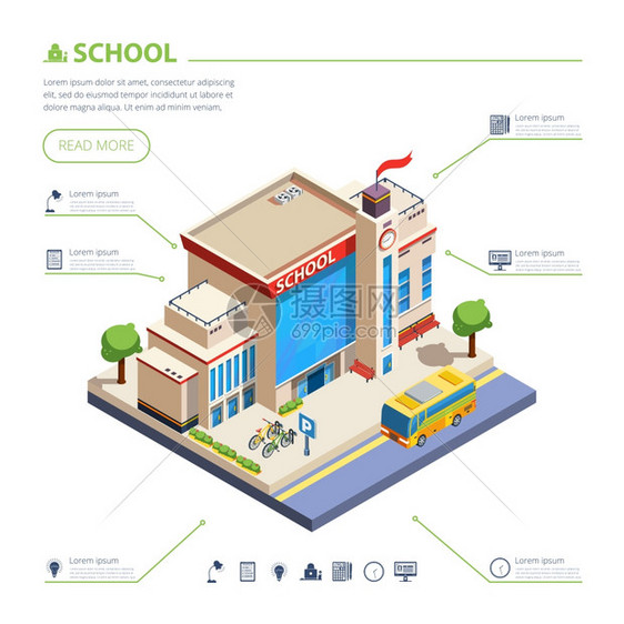 学校建筑插图学校建筑与校车院子等距矢量插图图片