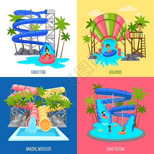 阿卡帕克水上乐园与滑水管池的娱乐活动儿童家庭矢量插图图片