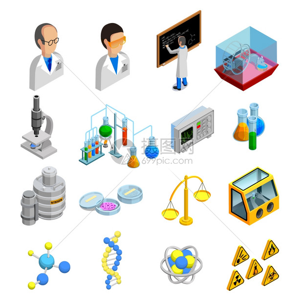 科学图标科学等距图标实验符号蓝色背景孤立矢量插图图片