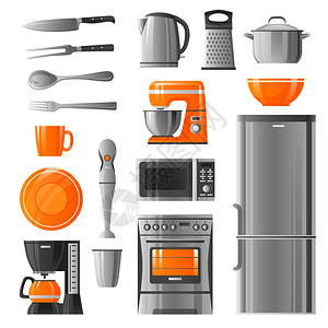 电器厨房用具图标电器平图标现实风格与微波炉,冰箱,炉子,水壶,搅拌机,咖啡机厨房用具隔离矢量插图图片