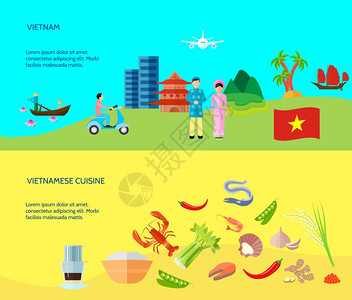 越南文化2横平横幅关于越南美食文化名胜古迹的信息2个平水平横幅抽象矢量插图图片