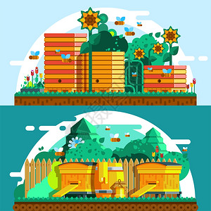 养蜂水平横幅模板养蜂水平横幅模板与彩色蜂园养蜂场平风格矢量插图图片