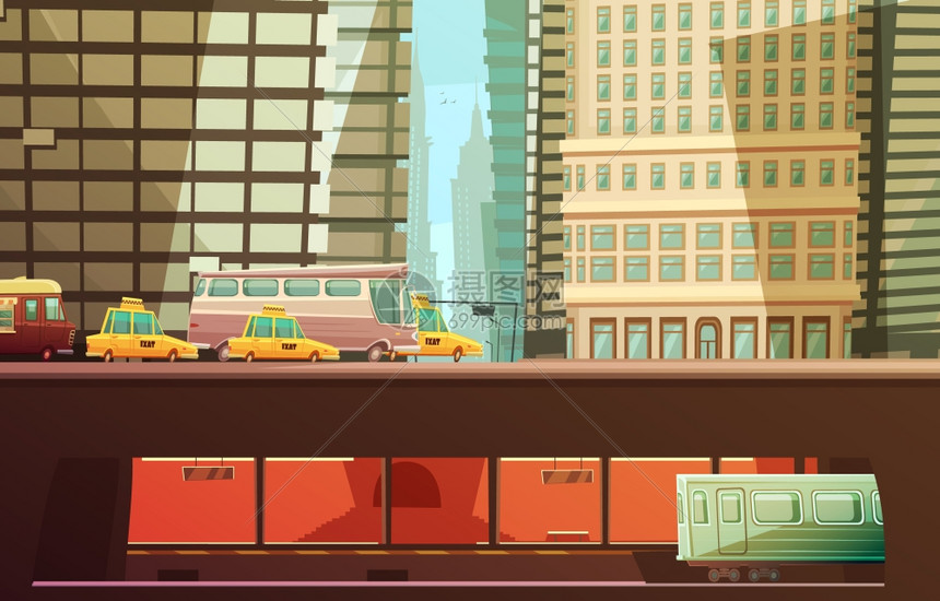 纽约市的理念纽约市的理念与摩天大楼城市交通,如黄色出租车市政交通地铁平矢量图图片