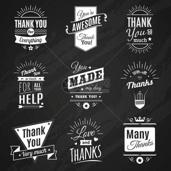 谢谢黑板标志黑板收集九个老式感谢标志制作同的风格字体矢量插图图片