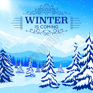 冬季景观海报冬季景观海报与雪域树木山脉的平风格矢量插图图片