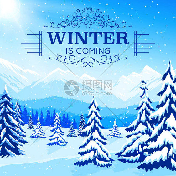 冬季景观海报冬季景观海报与雪域树木山脉的平风格矢量插图图片