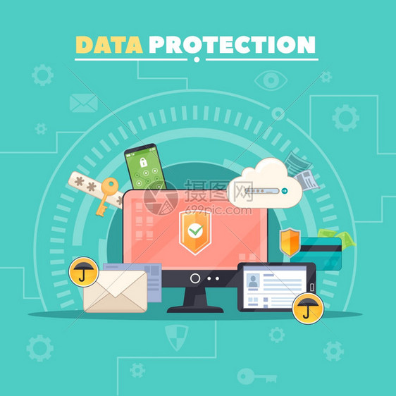 数据保护平构图海报计算机通信安全私数据保护平构成海报与防病软件符号抽象矢量插图图片