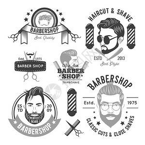 理发店单色标志理发店单色标志与同的男子胡须发型理发师配件矢量插图图片