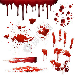 血溅现实的血迹模式血溅现实的血迹图案,涂片,飞溅,滴手印白色背景矢量插图图片