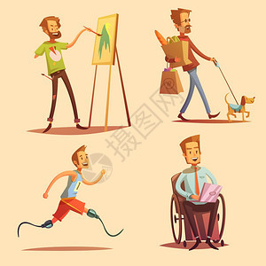残疾人复古卡通2x2图标残疾人领导幸福生活复古卡通2x2平图标孤立矢量插图图片