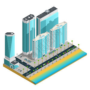等距现代城市成等距城市成与现代摩天大楼许多层高的房子海边的白色背景矢量插图图片