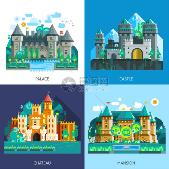 中世纪的城堡中世纪城堡集各种建筑构造彩色平风格孤立矢量插图图片
