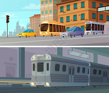 城市交通卡通水平横幅城市交通卡通水平横幅地铁站与火车地客运交叉口平矢量插图图片