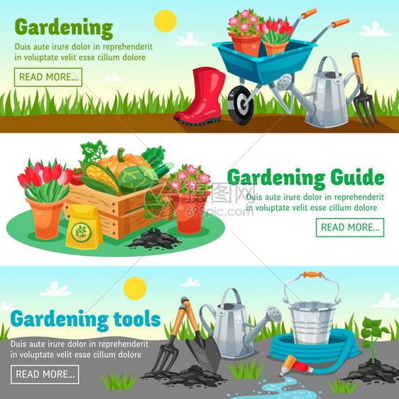 园艺水平横幅园艺水平横幅与指导信息的措施,以种植农产品平矢量插图图片