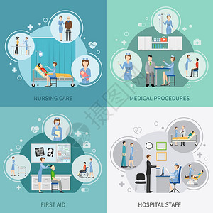 护士保健2x2理念护士保健2x2集的医院工作人员提供急救执行医疗程序平矢量插图图片