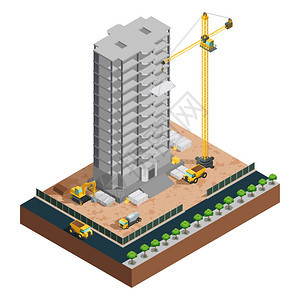 建筑等距成多层建筑施工过程等距成与各种车辆材料的白色背景矢量插图图片