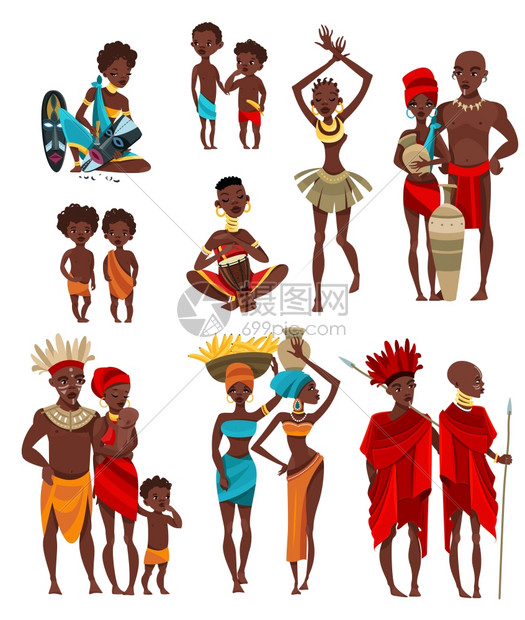 非洲人服装平图标收藏非洲传统部落服装成人儿童仪式服装平图标收集矢量插图图片