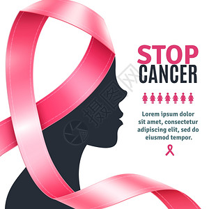 癌症海报乳腺癌意识丝带背景平乳腺癌意识背景与粉红色丝带女轮廓矢量插图插画