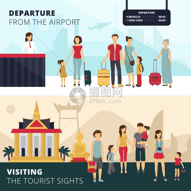 旅行者2平水平横幅旅客离开机场参观名胜古迹2为游客抽象矢量插图图片