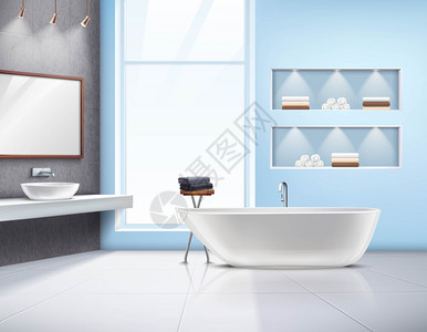 浴室内部写实现代宽敞的阳光浴室内部现实与白色浴缸水槽配件大窗口矢量插图图片