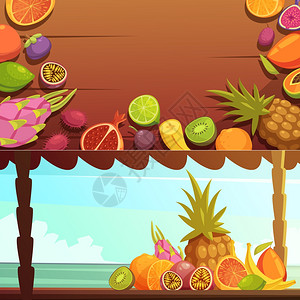 热带岛屿水果横幅热带岛屿暑假2横横幅与美味的水果与海洋背景视图卡通矢量插图图片