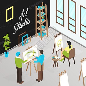 艺术工作室等距插图男女艺术家绘画艺术工作室等距矢量插图图片