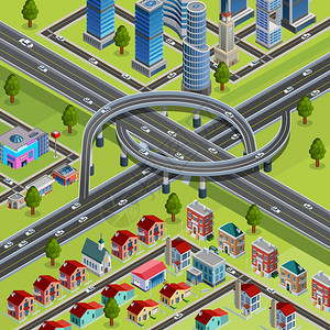 城市道路交叉口等距海报多级道路城市基础设施要素连接商业住宅区等距构造函数海报抽象矢量插图图片
