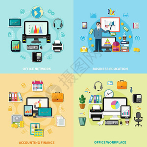 办公室工作场所2x2理念办公室工作场所2x2与商业教育,会计,财务网络平构成矢量插图图片