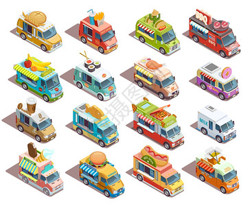 街头食品卡车等距图标收集街头食品卡车模型等距图标收集咖啡比萨饼烧烤新鲜水果销售商矢量插图图片