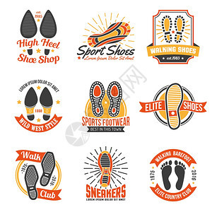 鞋类标签与脚印图标鞋类商店供应商标签标志与鞋底鞋垫鞋脚印图标矢量插图图片