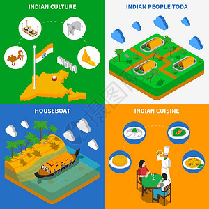 印度文化4等距图标广场印度文化美食游艇托达部落定居点4等距图标,方形海报抽象孤立矢量插图图片