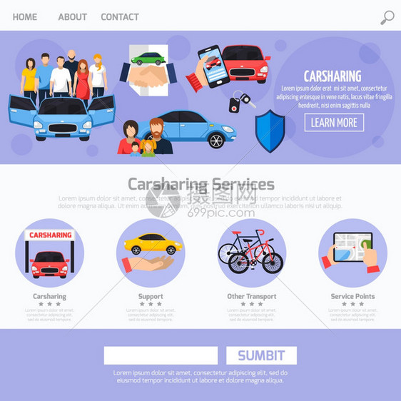 汽车共享服务网页模板布局共享服务网页模板布局与同的按钮步骤彩色图标平风格矢量插图图片