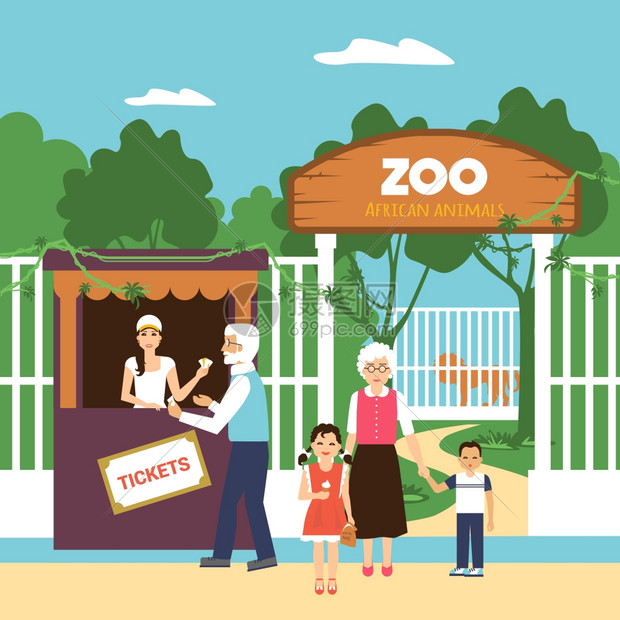 老人插图老人与孙子购买动物园门票平矢量插图图片