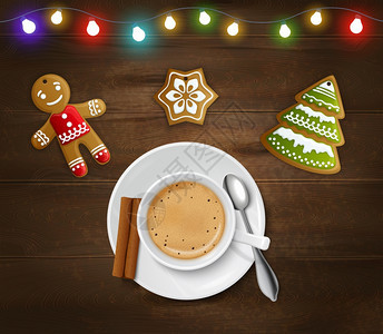 诞节新海报诞节新海报与轻加兰姜饼饼干咖啡矢量插图图片