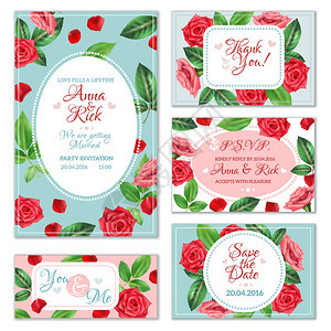 玫瑰花旗彩色浪漫横幅邀请卡与红色粉红色玫瑰隔离白色背景平矢量插图图片