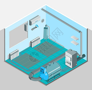 加热冷却系统内部等距模板加热冷却系统内部等距模板与空调压缩机加热器锅炉平式孤立矢量图图片
