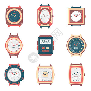 同类型的手表平图标收集同的男女手表图标收集与数字石英运动时尚类型平孤立矢量插图图片