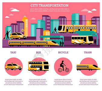 城市交通信息布局城市交通信息布局,统计信息的同类型的交通,如出租车公共汽车列车自行车平矢量图图片