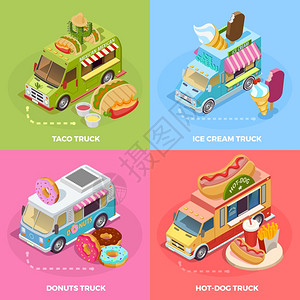 食品卡车4等距图标广场街头食品卡车4等距图标广场横幅与玉米饼冰淇淋甜甜圈矢量插图图片