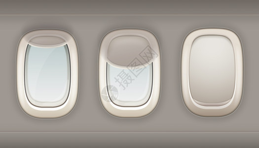 三个真实的飞机舷窗三个真实的舷窗白色塑料与打开窗口阴影矢量插图图片