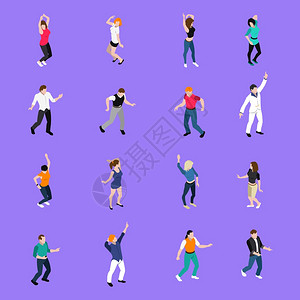 跳舞的人的动作等距图标收集移动节拍舞蹈俱乐部,人们等距图标收集与紫色背景孤立矢量插图图片