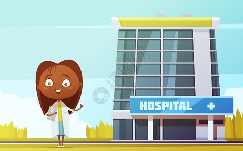 城市医院的女医生卡通雕像可爱的女医生苗条抽象雕像城市医院大楼背景平卡通矢量插图背景图片