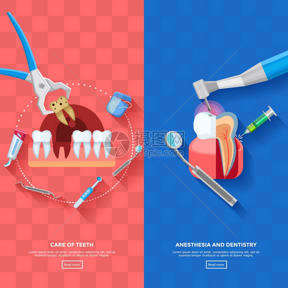 垂直横幅牙医垂直牙医横幅与阶段的牙齿治疗必要的设备,牙齿护理粉红色蓝色格子背景平孤立矢量插图图片