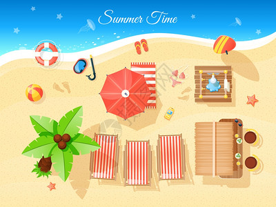 夏季时间顶部视图插图夏季时间顶部视图与伞棕榈海平矢量插图图片
