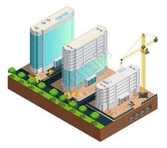 建筑等距成三个现代多层建筑建筑等距成的白色背景矢量插图背景图片