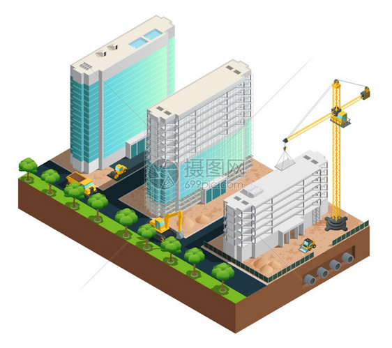 建筑等距成三个现代多层建筑建筑等距成的白色背景矢量插图图片