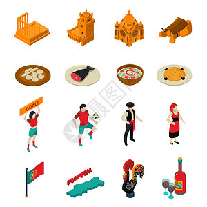 葡萄牙图标旅游葡萄牙等距图标足球食物建筑符号矢量插图图片