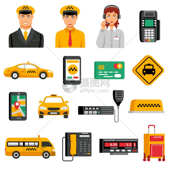 出租车服务图标出租车服务图标与设备工具,以操作出租车人员服务矢量插图图片