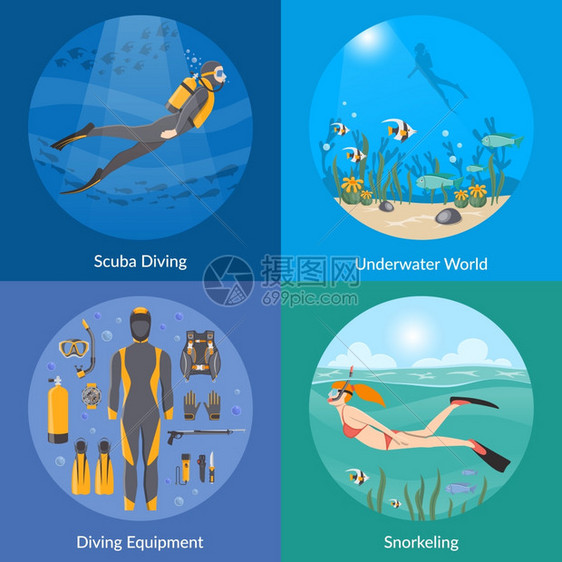 潜水浮潜2x2理念潜水浮潜2x2与潜水设备潜水员水下环境女孩游泳浮潜鳍平矢量插图图片