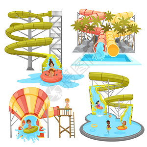 五颜六色的水上公园五颜六色的水上公园集各种水管幻灯片与儿童平风格的孤立矢量插图图片